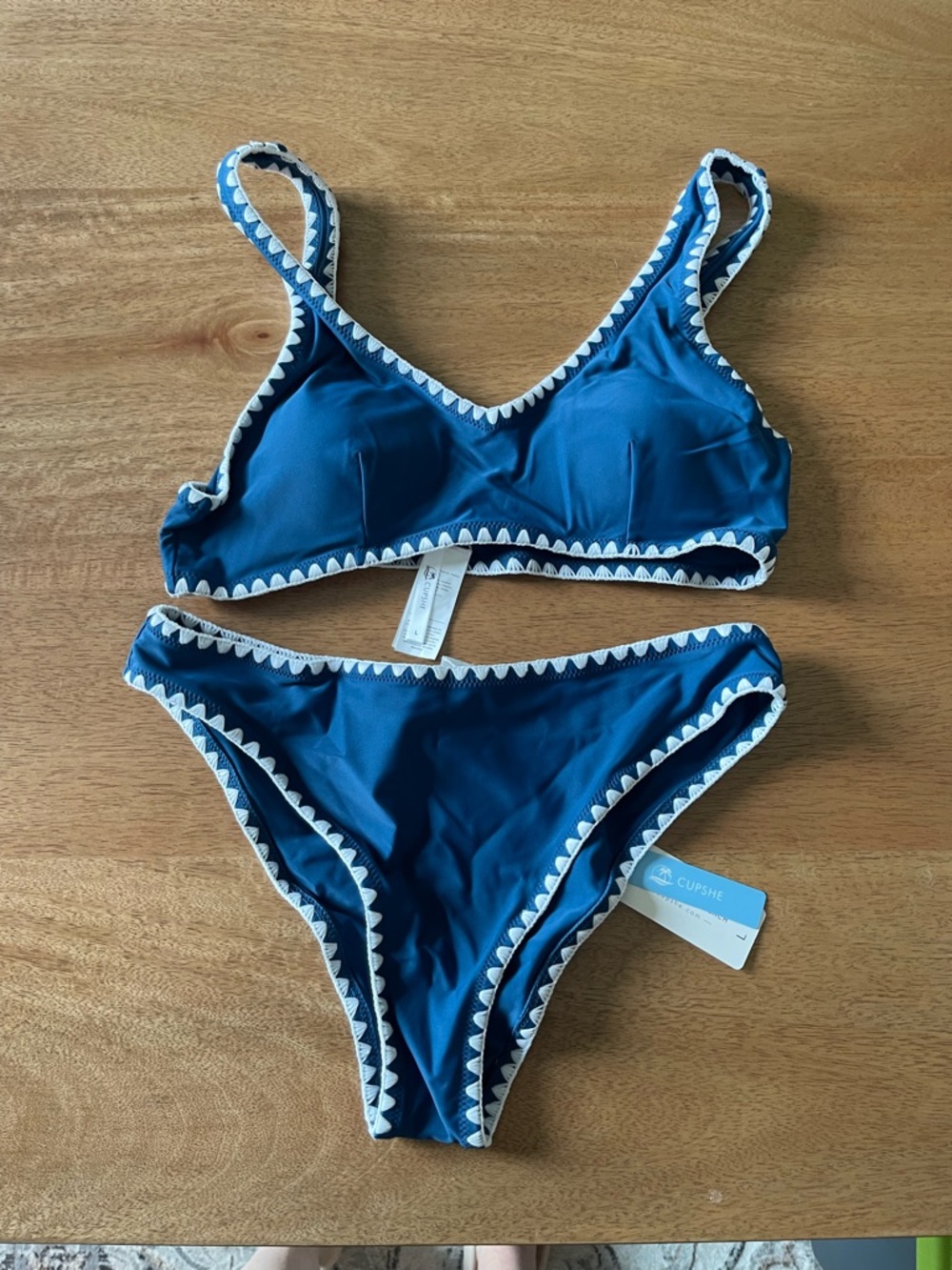 Cupshe Teal Blue Bikini Set with White Scallop Trim